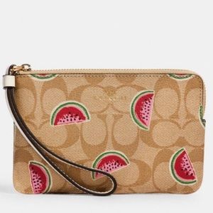 Coach Graphic Monogrammed Scattered Watermelon Print Zip Wristlet.